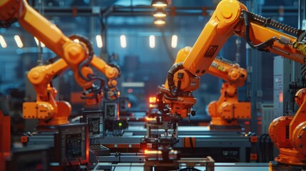 automation robot arms machine in intelligent factory industrial on real time monitoring system software. Welding robotics and digital manufacturing operations.