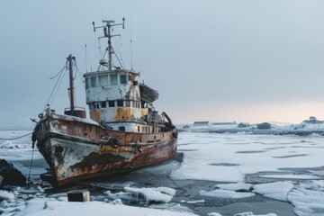 Abandoned ship on ice covered shore