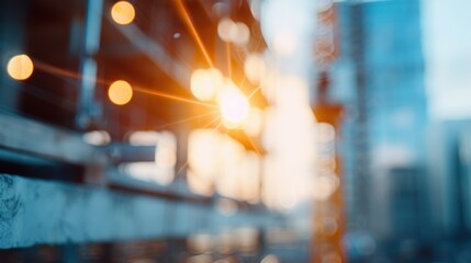 Fototapeta premium The golden sunlight creates a beautiful bokeh effect as it peeks through a blurred city construction scene, highlighting the interplay between natural and industrial elements.