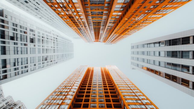 A dramatic upward perspective of tall, modern skyscrapers with orange highlights, showing the awe-inspiring height and structural complexity of urban architecture.