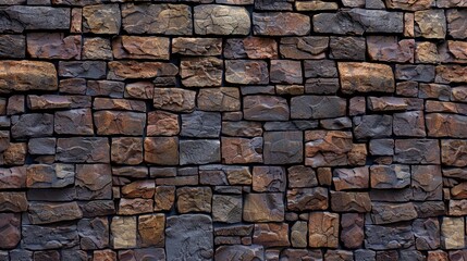 A wall made of stone with a rough texture. The wall is brown and gray in color