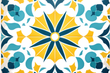 Moroccan-inspired encaustic tile featuring a geometric pattern in shades of blue, green, and yellow, isolated on a white background