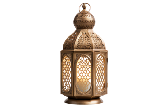 Moroccan-inspired brass lantern with intricate geometric patterns, isolated on white background. - Powered by Adobe