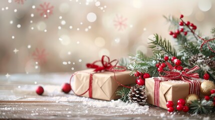 Obraz premium Christmas Gifts and Pine Branch with Red Berries on Wooden Background