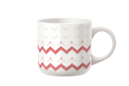 holiday-themed coffee mug with a festive pattern or design, isolated on a white background