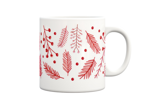 holiday-themed coffee mug with a festive pattern or design, isolated on a white background