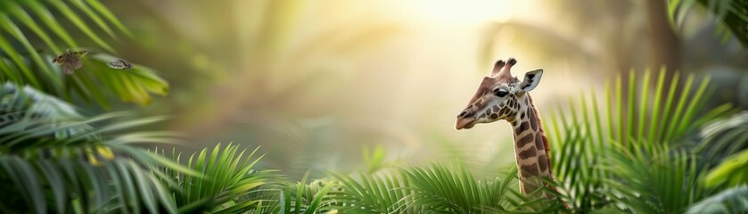 A giraffe is standing in a jungle with tall green trees and leaves