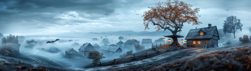 Mysterious foggy village at dawn with a glowing cozy house under a bare tree, creating an enchanting and serene atmosphere in the landscape.