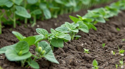 Obraz premium A row of green plants growing in the dirt