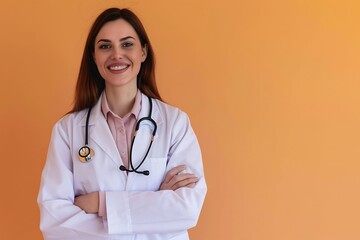 Female doctor in lab coat, stethoscope, light orange background, friendly and caring