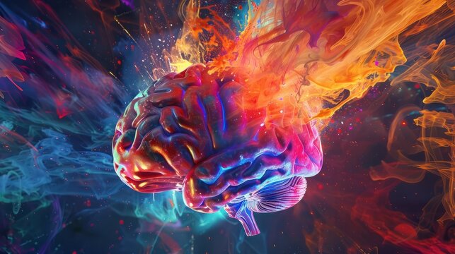 Concept art of a human brain exploding with knowledge and creativity. Bright colors.