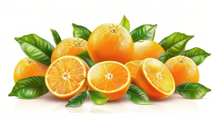 Fresh whole and halved oranges with green leaves on a white background, showcasing the vibrant color and juicy texture of the fruit.