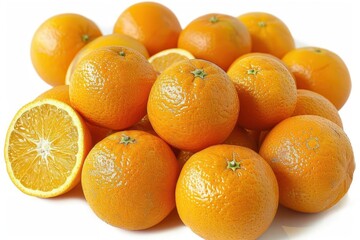 Fresh oranges and a sliced orange on a white background, showcasing their vibrant color and freshness, perfect for healthy eating themes.