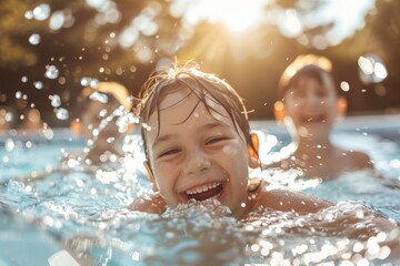 Obraz premium Children splash with pleasure and laughter in the pool in sunny summer weather