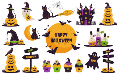 Halloween. Set of Halloween illustrations for posters, cards, invitations, banners.