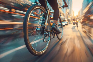 Naklejka premium Close up dynamic Cyclist riding fast a road bike with blurred city on background