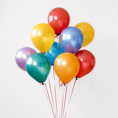 A cluster of colorful balloons tied together with red ribbons against a white background.
