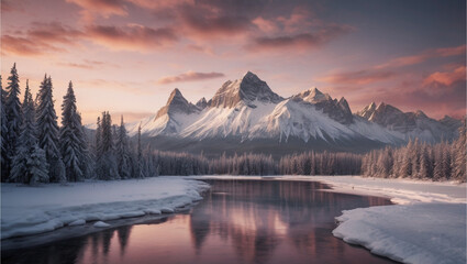 Selective focus of snowy mountains surrounded by lakes and pine forests.