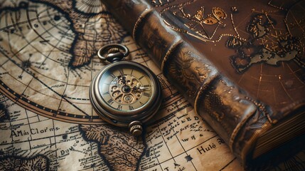 A pocket watch and book on an old map, symbolizing time travel or adventure in the style of vintage-inspired imagery
