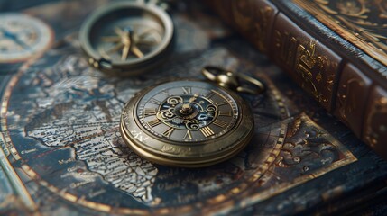 A pocket watch and book on an old map, symbolizing time travel or adventure in the style of vintage-inspired imagery