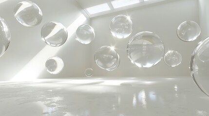 The image is a series of clear spheres floating in a white room
