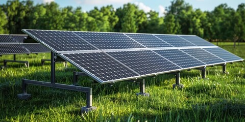 Solar panels installed in a green field, capturing sunlight and converting it into renewable energy. Clean and sustainable energy solution.