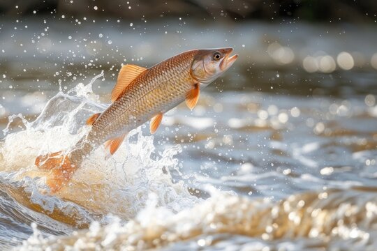 Close up redfish jumping out of river water