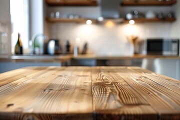 Wooden Tabletop with Blurred Kitchen Background