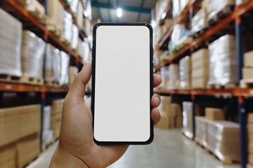 Close-up, hand holding smartphone with empty screen mockup in warehouse full of boxes