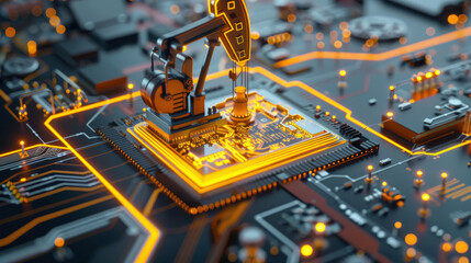 Futuristic circuit board with miniature oil rigs. Machinery and innovation in a manufacturing