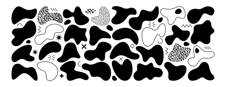 Vector liquid shadows random shapes. Black blobs, round abstract organic shape collection. Pebble, drops and stone silhouettes. Vector illustration