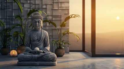 A statue of a Buddha is sitting in a room with plants. The statue is holding a small ball in its hand. The room has a calm and peaceful atmosphere, with the statue and plants adding to the serenity