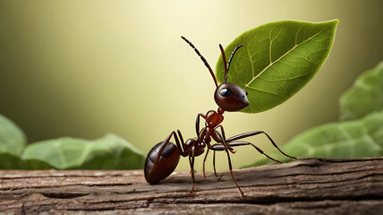 Naklejka premium An ant carrying a large leaf, symbolizing hard work and determination.