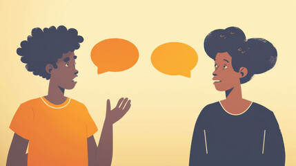Fototapeta premium A cartoon illustration of two people discussing, one person explaining with a hand gesture, the other listening with a sad expression