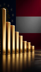 Obraz premium A row of gold bars of varying sizes is arranged in front of an Georgia flag, symbolizing wealth and economic strength