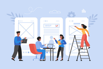 UX wireframes design business concept. Modern vector illustration of people visualizing digital application