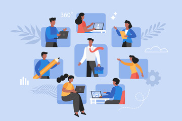 360 degree feedback business concept. Modern vector illustration of people evaluating employee and giving anonymous opinions