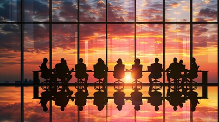 Business people are silhouetted during a working meeting, reflecting a conference concept.