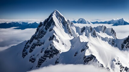 Fototapeta premium majestic snowy mountain peak towering above the clouds, its pristine white slopes contrasting against the deep blue sky