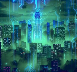 Futuristic Smart Cyber City illustration: Innovative Urban Landscape in Digital Circuitry, futuristic technology concept, Graphic Resources, Wallpapers, Brochure, Websites, banner design, Advertising,