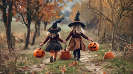 Two young girls are walking down a path holding pumpkin baskets. The scene is set in a forest with trees and leaves on the ground. Scene is playful and festive