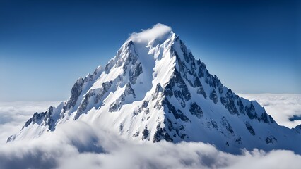 majestic snowy mountain peak towering above the clouds, its pristine white slopes contrasting against the deep blue sky