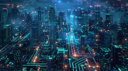 Obraz premium Futuristic Smart Cyber City illustration: Innovative Urban Landscape in Digital Circuitry, futuristic technology concept, Graphic Resources, Wallpapers, Brochure, Websites, banner design, Advertising,