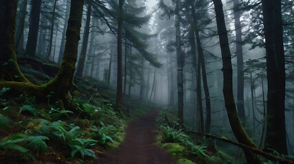 Obraz premium A dense, fog-filled forest path, suggesting a sense of being lost or unable to see a clear path forward.