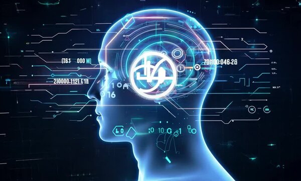 A graphic visualization of a human head overlaid with glowing digital data streams and network symbols