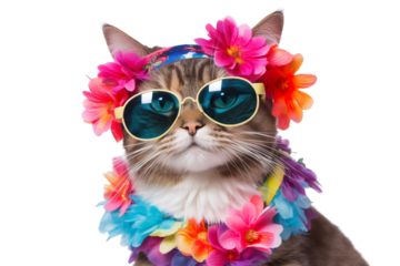 Amusing tabby cat with pink colorful flower crown and sunglasses on transparent background PNG cutout