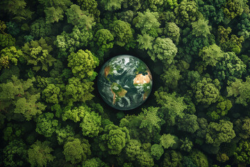 Forest, planet earth with trees, climate change, global warming, sustainable lifestyle, ecology and environment 