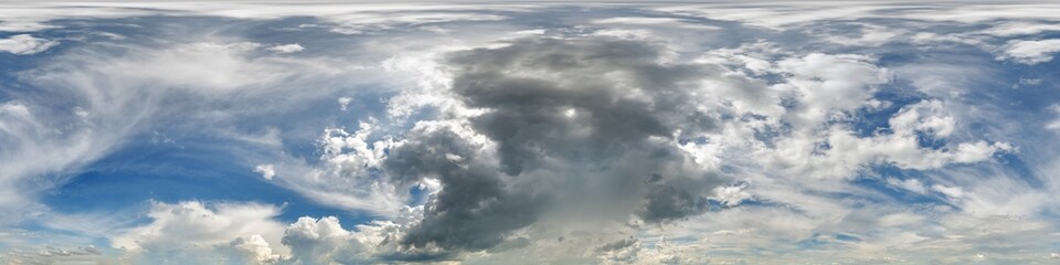 blue sky hdri 360 panorama with dark cloud before storm in seamless projection with zenith for use in 3d graphics as skydome or edit drone panoramas for sky replacement
