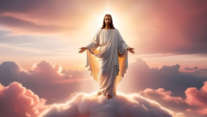 Jesus Christ standing on clouds with radiant light at sunset.