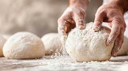 An up-close view of a baker’s hands as they skillfully shape and work dough for baking, surrounded by scattered flour, embodying creativity and craftsmanship in culinary arts.